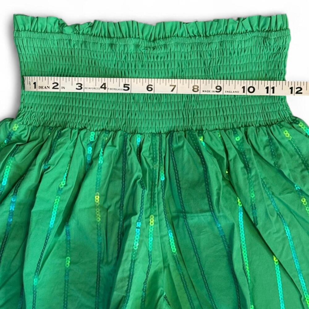 Billow Sleeve Crop Top Shorts Set M Y2K Green Smocked Sequin Puff Main Strip - Picture 5 of 9